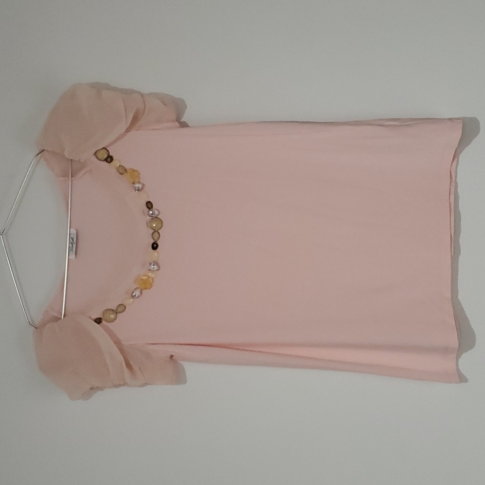 LuckyLu Pink Beaded Neckline Puff Sleeve Blouse Soft Tee Top Size Small